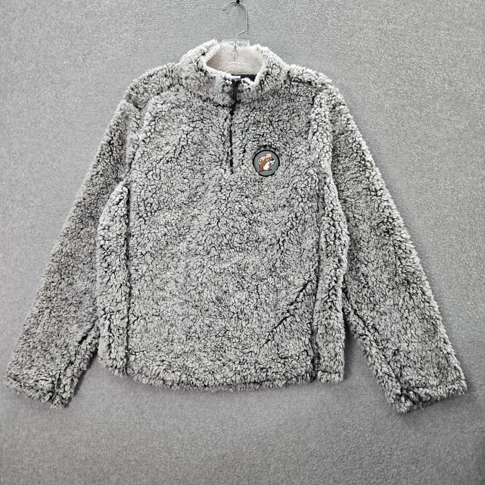 Bucees Women Jacket Large Gray Sherpa Logo Pockets 1/4 Zip Long Sleeve Mock Neck